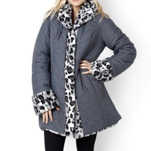 Dennis Basso Gray Reversible Faux Fur Hooded Puffer Coat Animal Print Sz. 2X.
